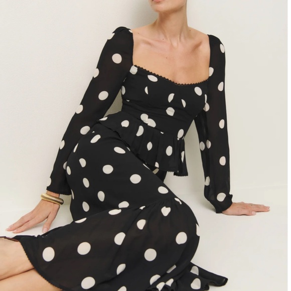 NEW Reformation Zandra Midi Dress - Moon Dot French Polka Dot - Picture 2 of 13